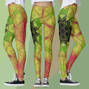 Leggings Mosaic Mandala Flower jaune vert et rose