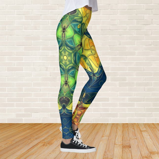 Leggings Mosaic Mandala Flower vert jaune et bleu (Créateur téléchargé)