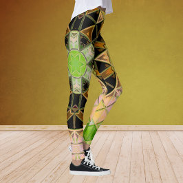 Leggings Mosaic Mandala Flower vert jaune et noir