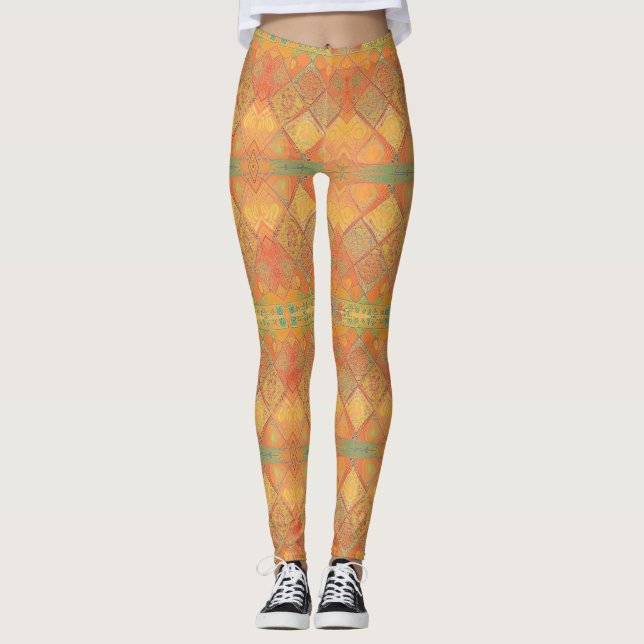 Leggings Mosaïque ambre orange jade vert design géométrique (Devant)