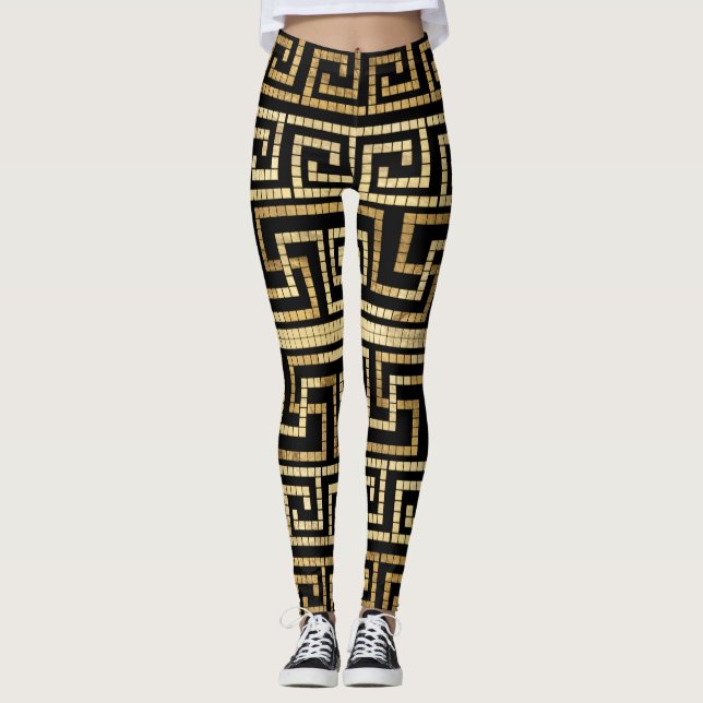 Leggings Mosaïque grecque méandre grecque clé noire et or (Devant)