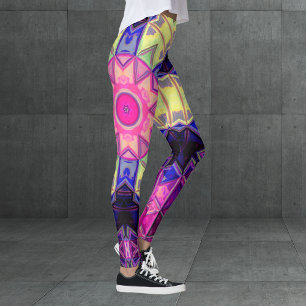 Leggings Mosaïque Kaleidoscope Fleur rose jaune et bleu