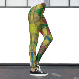 Leggings Mosaïque Kaleidoscope Fleur vert Jaune et rouge