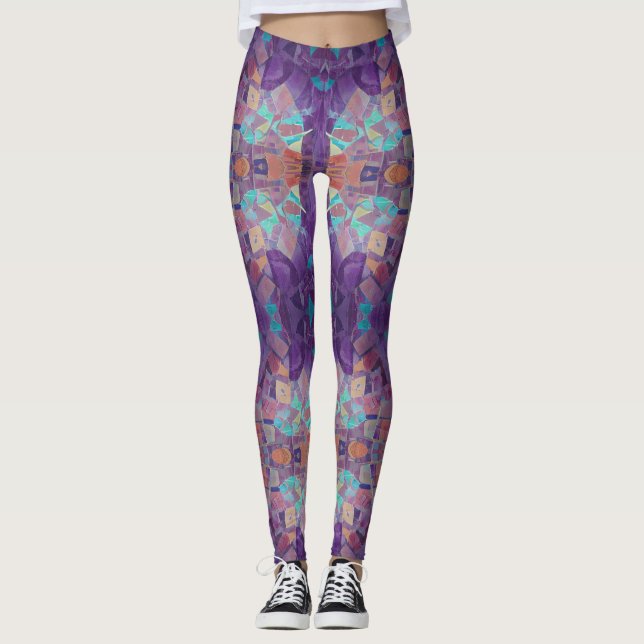 Leggings mosaïque marocaine rouge violet turquoise art géom (Devant)