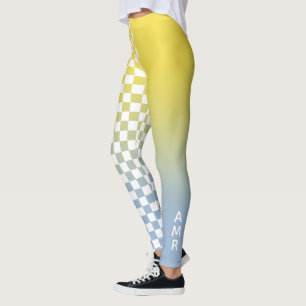 Leggings Motif à carreaux dégradé jaune à bleu avec monogra
