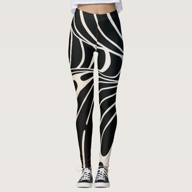 Leggings motif Abstrait avec lignes ondulées noir et blanc (Devant)