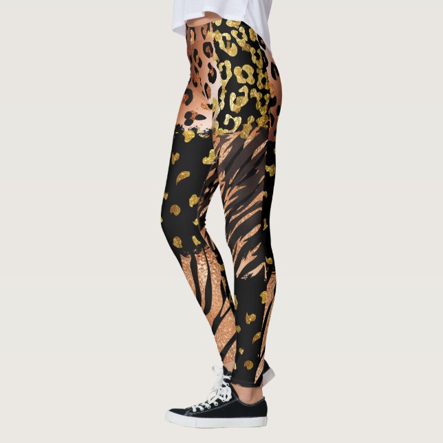 Leggings motif abstrait d'or rose léopard sur noir (Gauche)