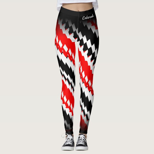 Leggings Motif Abstrait rouge blanc et noir avec nom (Devant)