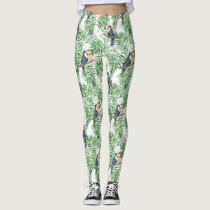 Leggings Motif avec toucan et feuilles de palmiers verts