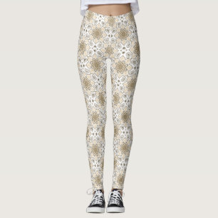 Leggings Motif Batik du Cercle de Mandala Floral Beige