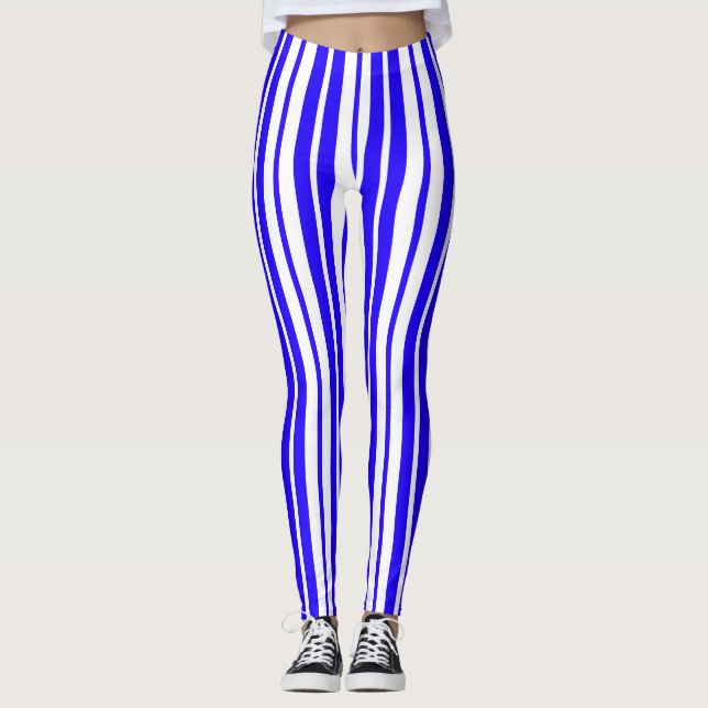 Leggings Motif Bleu Blanc Vertical Grilles (Devant)