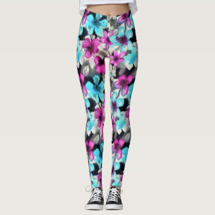 Leggings Motif bleu rose blanc Aquarelle noire