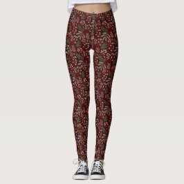 Leggings Motif botanique d'hiver rouge
