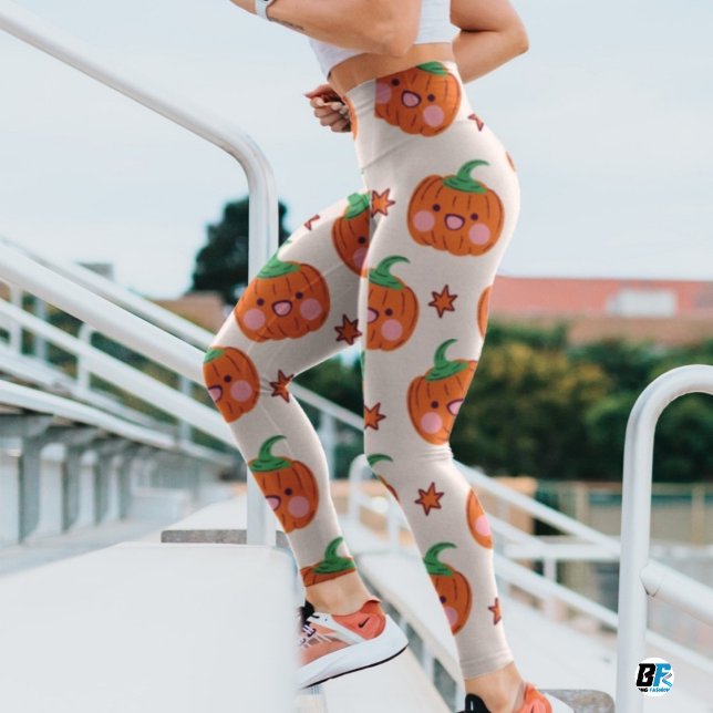 Leggings Motif Citrouille Orange Green Cute souriant (#halloweentime)