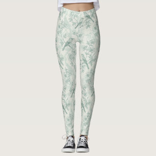 Leggings Motif Classique Crème Menthe Oiseaux Jardin Toile