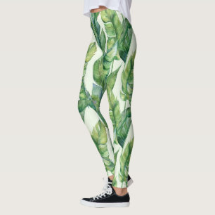 Leggings Motif d'aquarelle Feuille à la banane verte