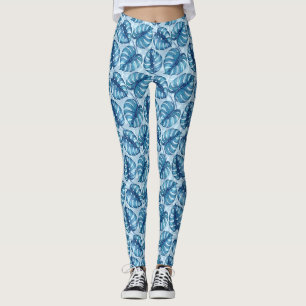 Leggings Motif d'aquarelle Monstera bleu