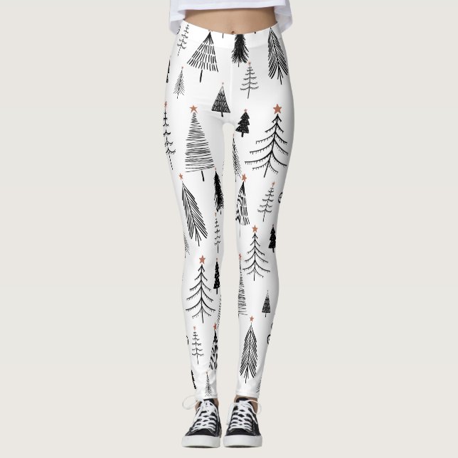 Leggings Motif d'arbre de Noël noir blanc (Devant)