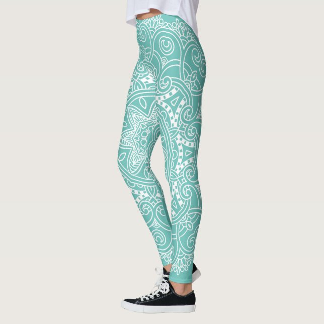 Leggings Motif D'Art Mandala Blanc Sur Bleu Turquoise Vert (Gauche)