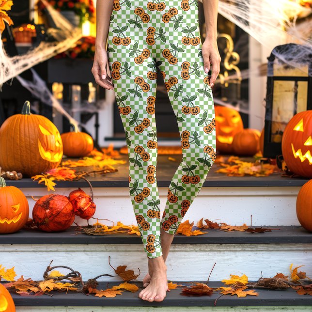 Leggings Motif de citrouilles cerises damier vert (Créateur téléchargé)
