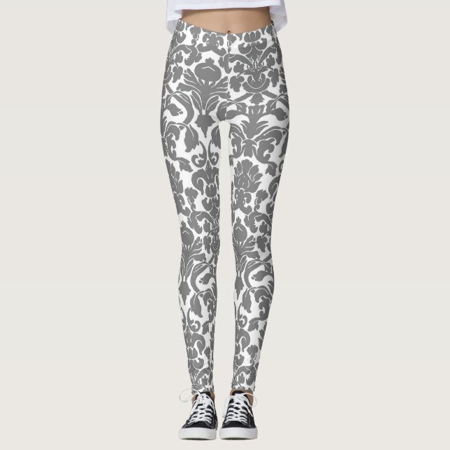 Leggings Motif de Damas Orné Floral Gris Léger (Devant)