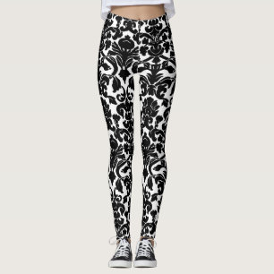 Leggings Motif de Damas ornées florales noires et blanches
