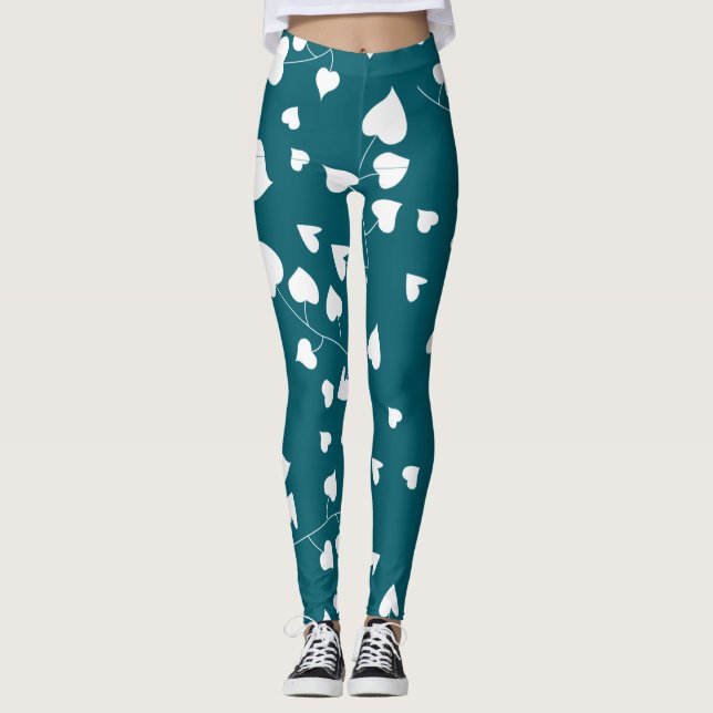 Leggings Motif de feuille de coeur blanc sur vert turquoise (Devant)