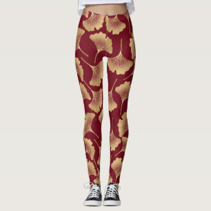 Leggings Motif de feuille de Ginkgo doré en bordeaux pour l