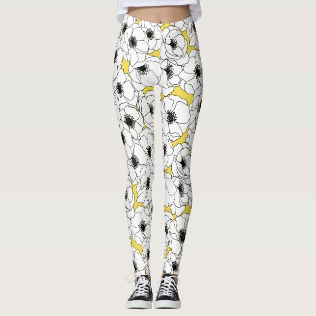 Leggings Motif de fleur jaune et noir et blanc d'anémone (Devant)