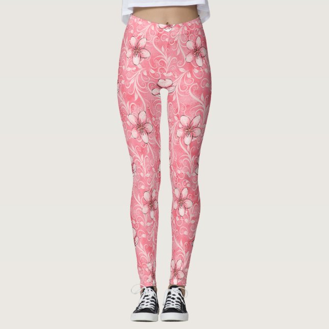 Leggings Motif de fleurs de cerisier rose (Devant)