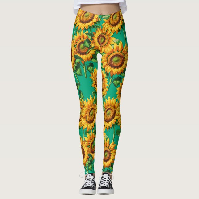 Leggings Motif de fleurs de tournesol vert (Devant)