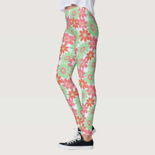 Leggings Motif de fleurs orange rose et vert