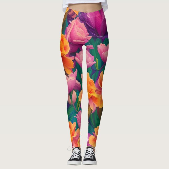 Leggings Motif de fleurs tropicales hawaïennes (Devant)