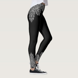 Leggings Motif de luxe italien en dentelle blanc sur noir