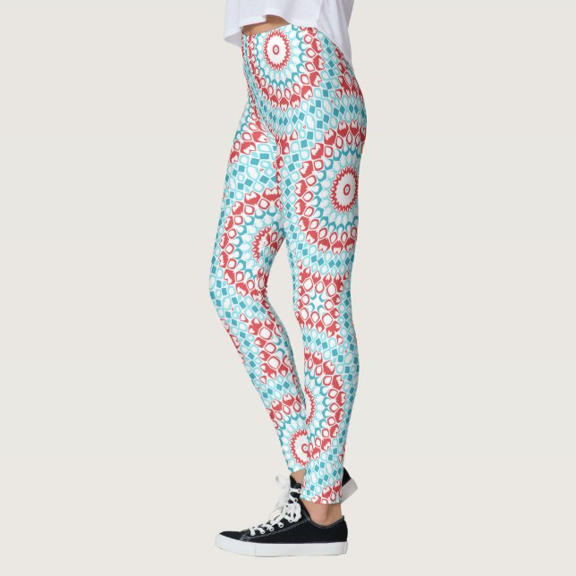 Leggings Motif de mandala géométrique rouge et aqua (Gauche)