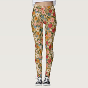 Leggings Motif de marguerite coloré vintage - moutarde