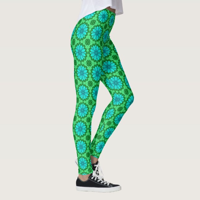 Leggings Motif de marguerite géométrique en Turquoise et Ve (Droite)