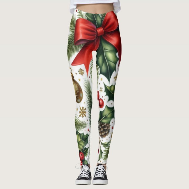 Leggings Motif de Noël Red Bow en blanc (Devant)