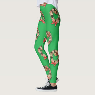 Leggings Motif de Noël vintage, Couronnes florales sur fond