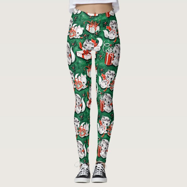 Leggings motif de Noël Vintage Vert des années 50 avec chat (Devant)