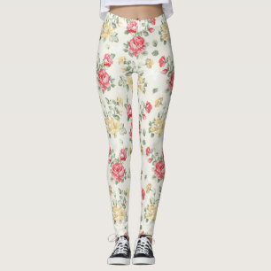 Leggings Motif de papier peint d'élégance des roses roses