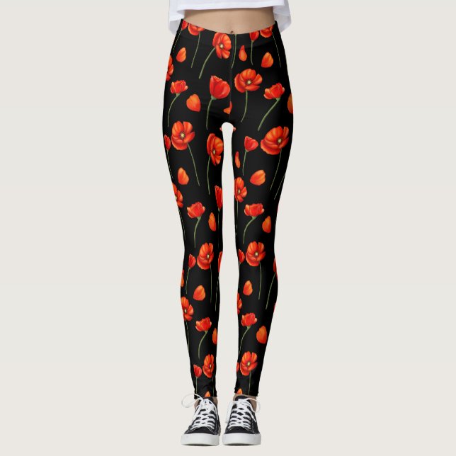 Leggings motif de pavot noir (Devant)