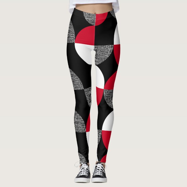 Leggings Motif de plaid géométrique noir, rouge, blanc. (Devant)