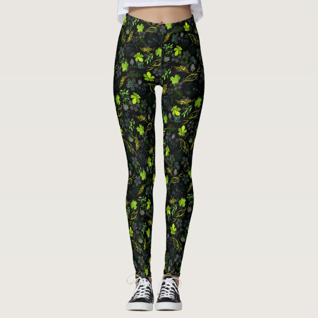 Leggings Motif de plantes A03.b Fond noir (Devant)