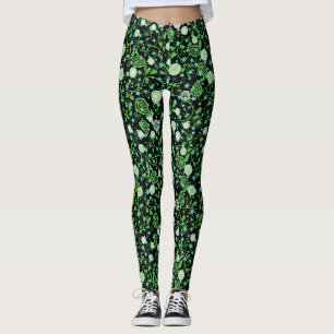 Leggings Motif de plantes fleuries vert rétro.b
