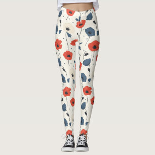 Leggings Motif de Poppies d'aquarelle - Rouge, Bleu et Blan