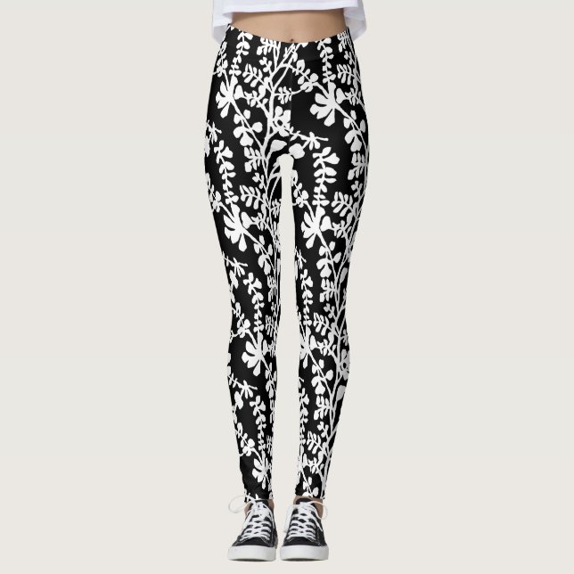 Leggings Motif de répétition Floral noir et blanc (Devant)