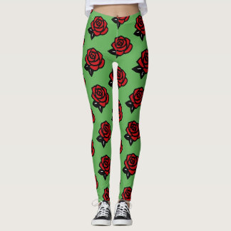 Leggings Motif de rose rouge sur fond vert