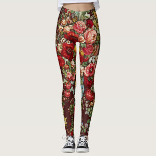 Leggings Motif de ruban floral rose victorien bordeaux fonc