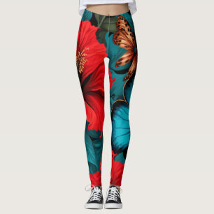 Leggings Motif de style hawaïen avec fleurs rouges